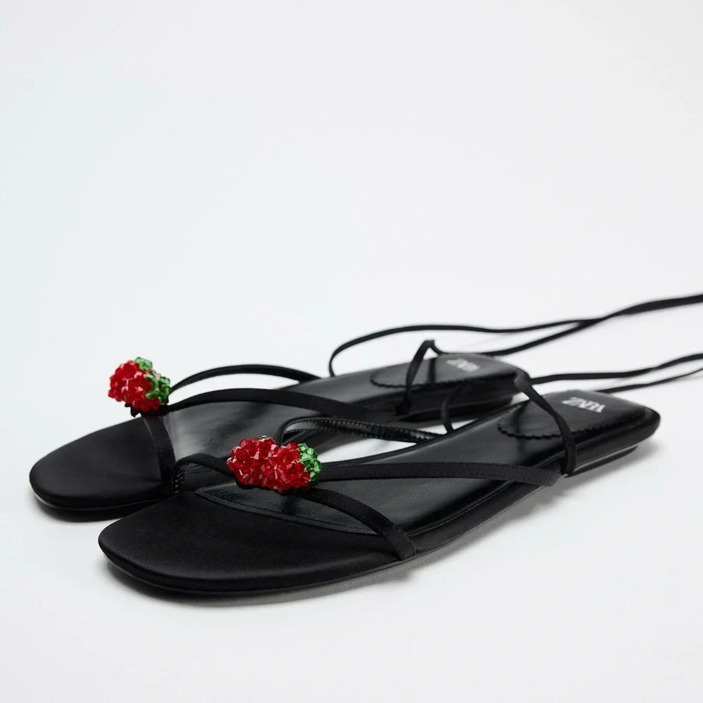ZARA Black and Red Cherry Embellished Tie Up Sandals (EU 39) - Picture 1 of 7